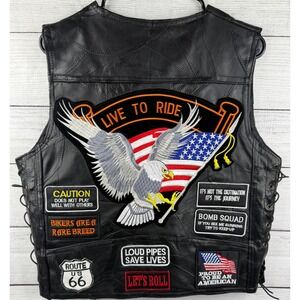 Diamond-Plate Buffalo Leather Biker Vest Mens S Black Patchwork Eagle Patches